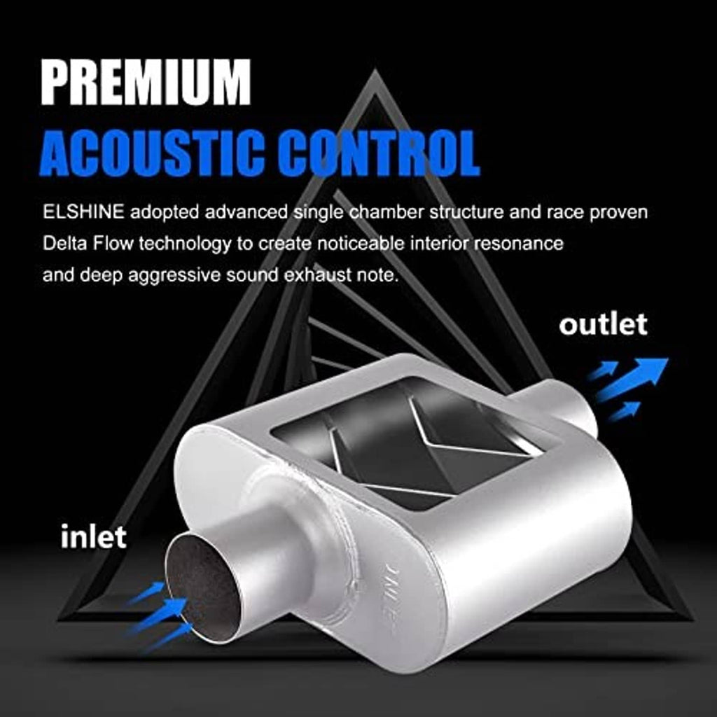 Silver exhaust muffler with inlet and outlet arrows on dark promotional background