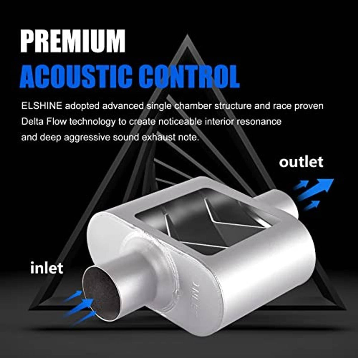 Silver exhaust muffler with inlet and outlet arrows on dark promotional background