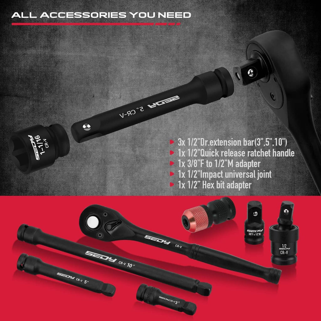 1/2 in drive socket set accessories with extension bars, adapters, and sockets