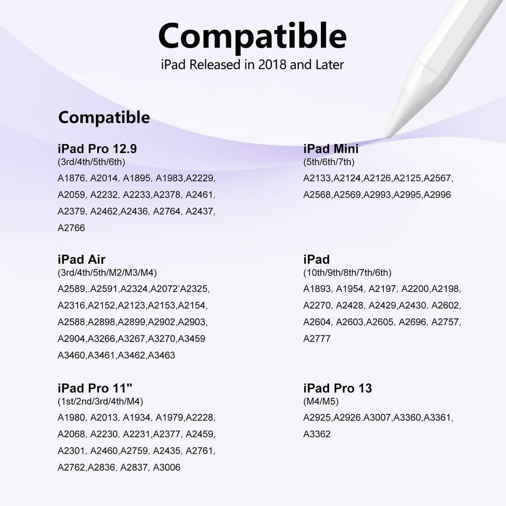 Purple and white stylus pen with fine tip beside compatibility information