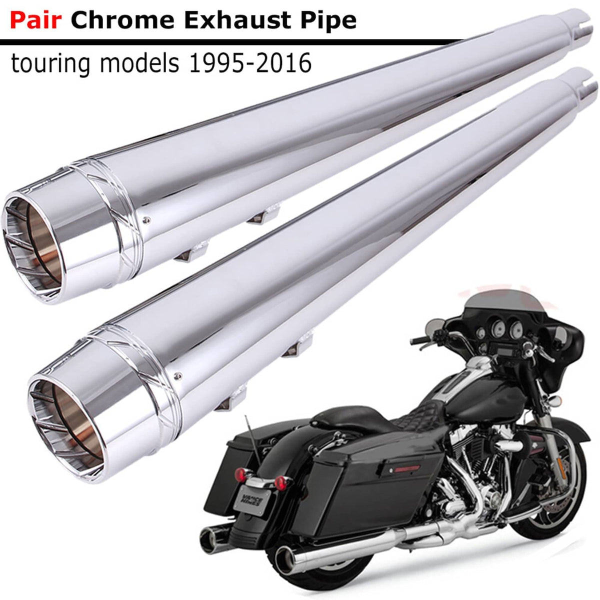 Pair chrome exhaust pipes with flared inlet sleeves and clamp rings