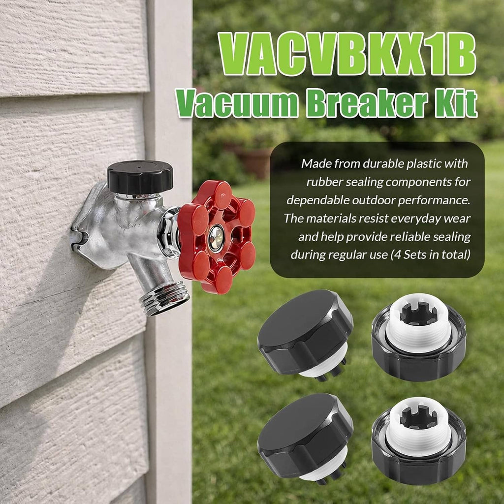 Vacuum breaker kit components: black caps, white threaded bodies, and red rubber seals