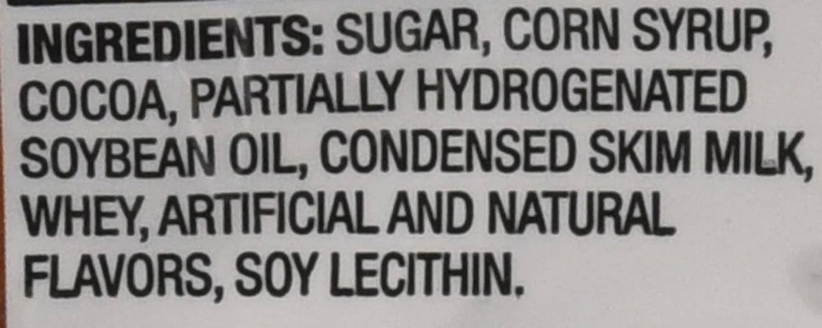 Chocolate Tootsie Pops ingredient list close-up on package