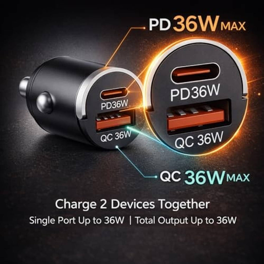 Black dual USB car charger showing PD36W and QC36W ports with max marking