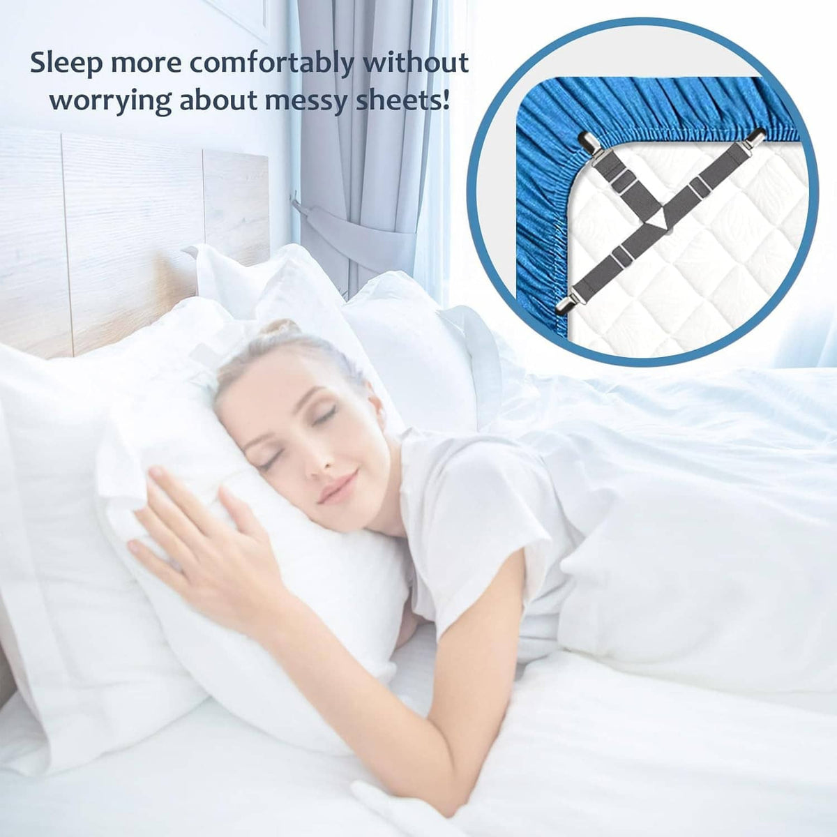 Set of dark gray fitted sheet straps with clips to secure the corners of a sheet