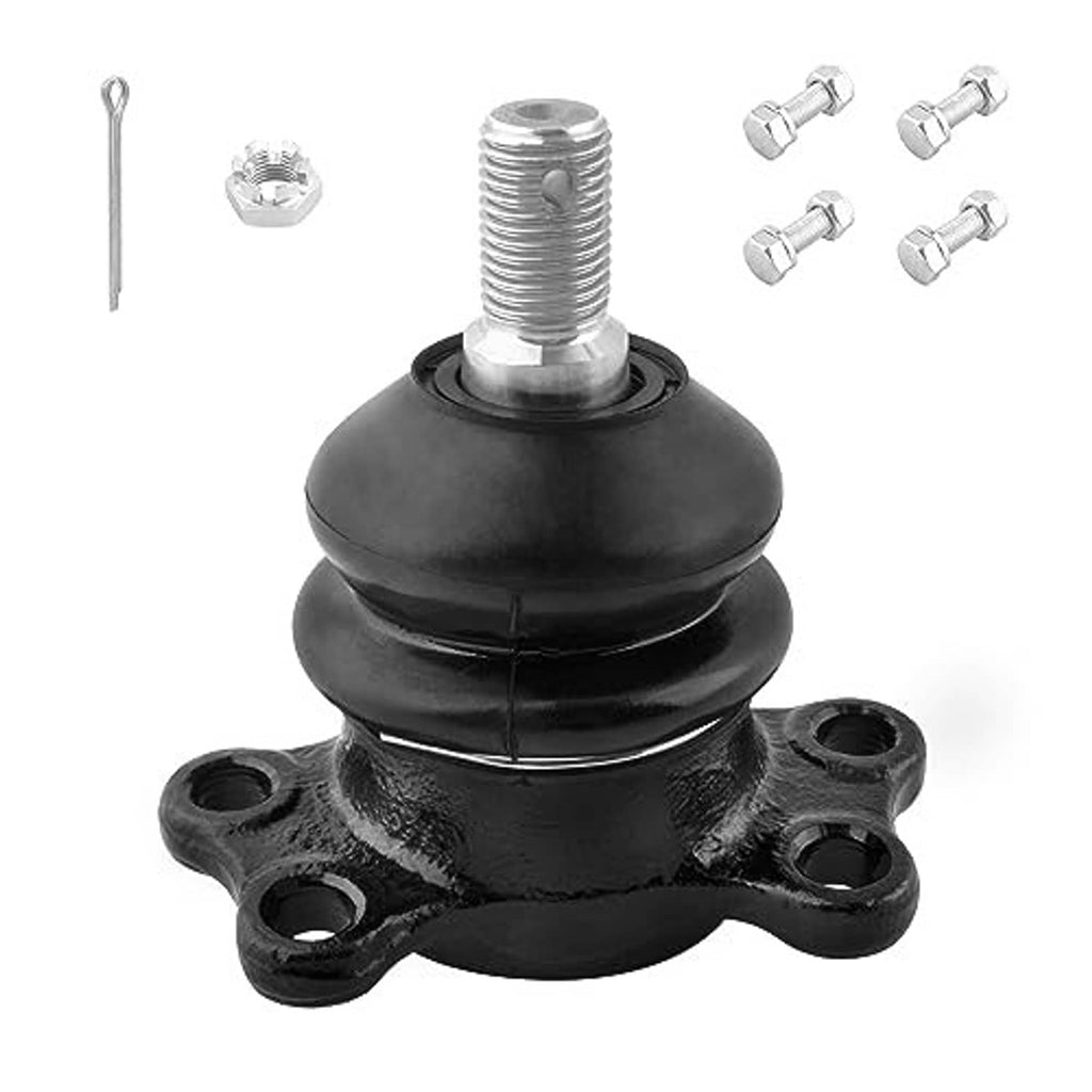 Single ball joint with black rubber boot, silver threaded stud, and metal mounting tabs