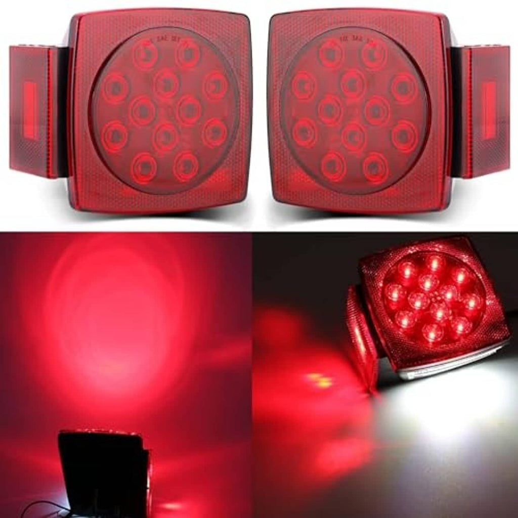 Red LED square trailer lights with bright illuminated lens and rear light housing