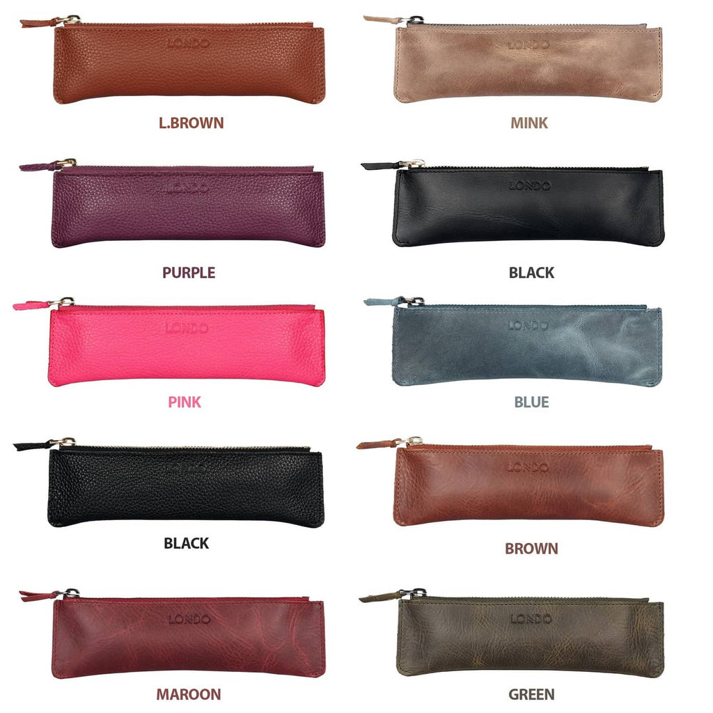 Londo leather pen cases in multiple colors, including maroon, with zipper closure and tassel.