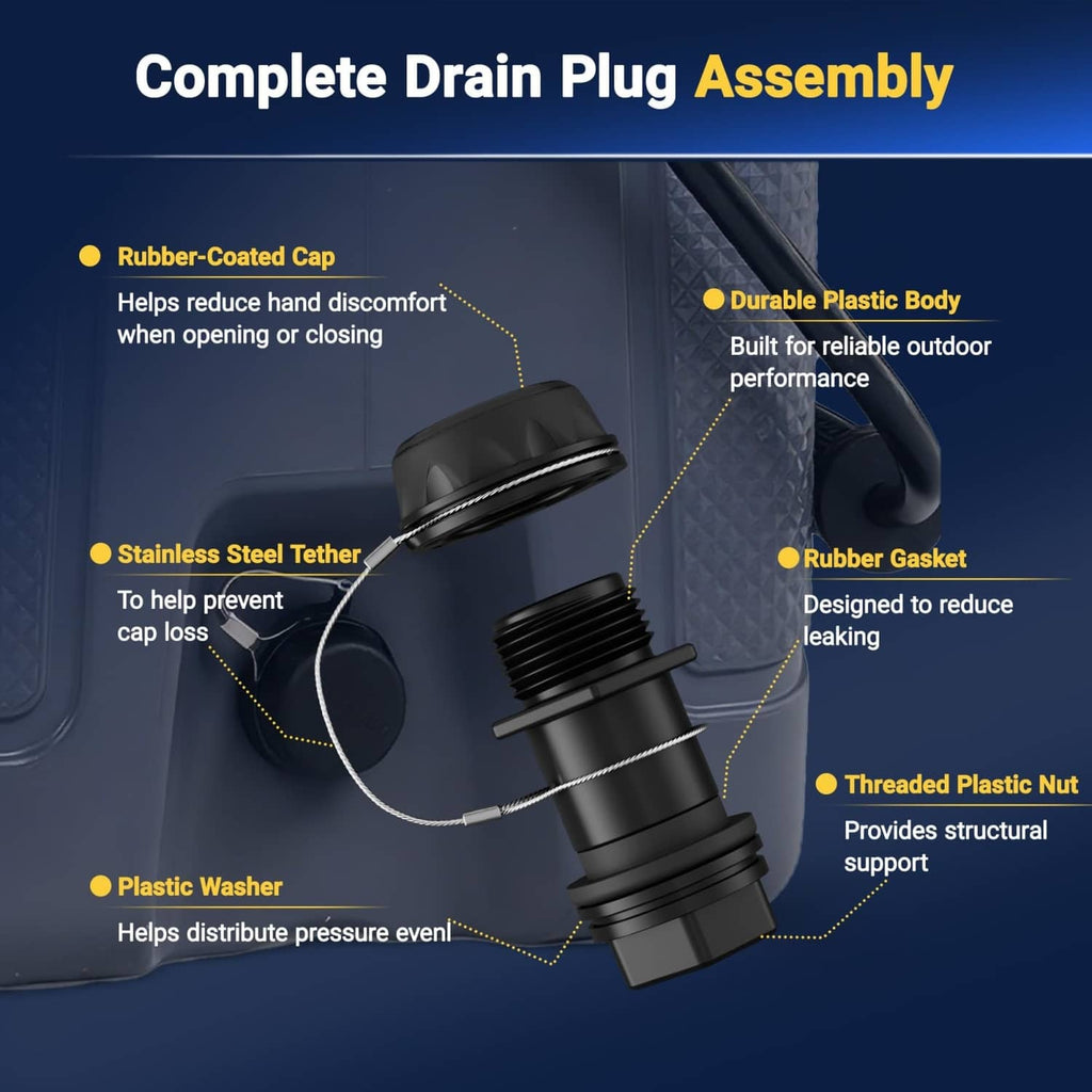 Black complete cooler drain plug assembly with rubber gasket, plastic nut, and tether