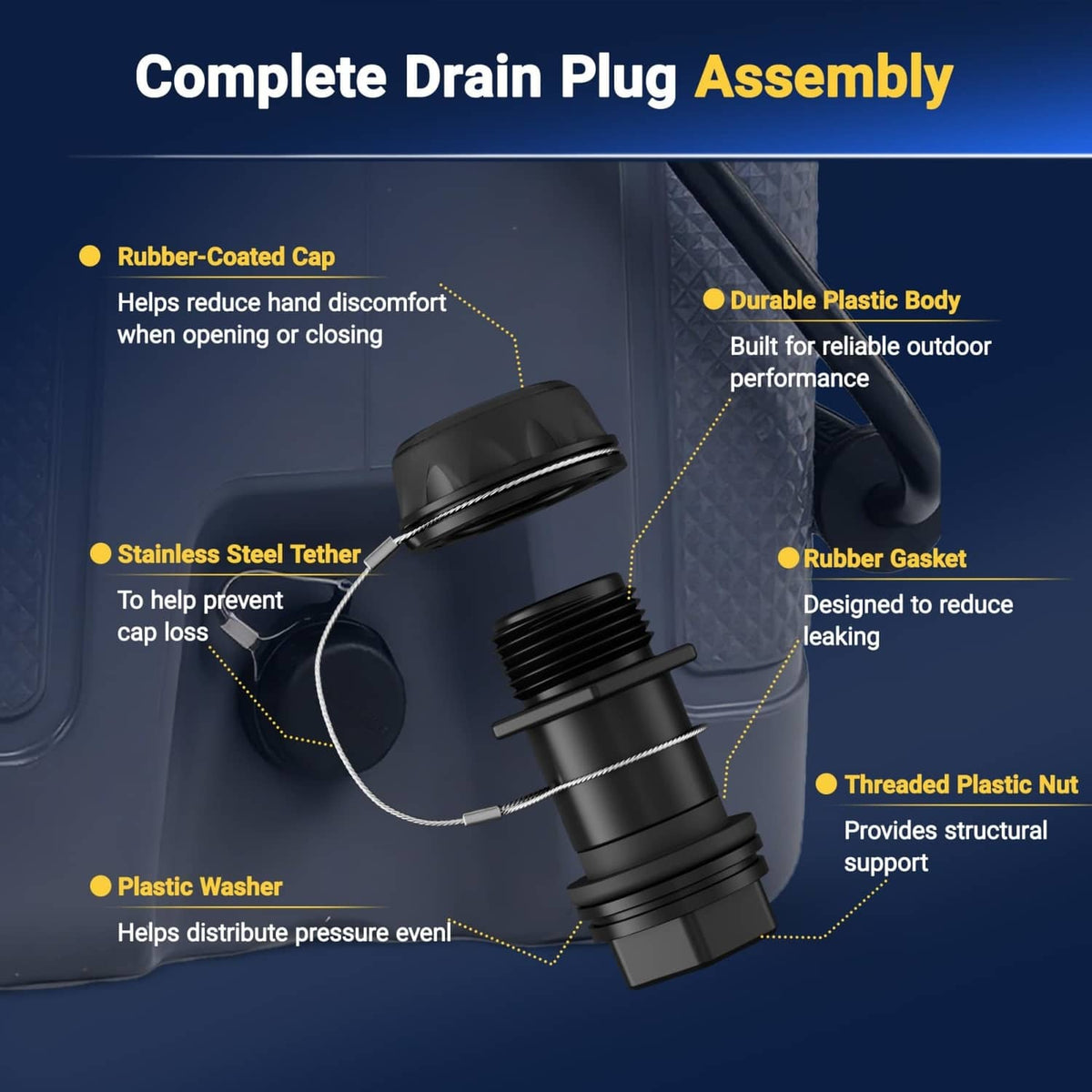 Black complete cooler drain plug assembly with rubber gasket, plastic nut, and tether