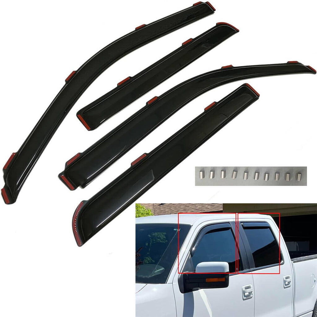 Set of black in-channel window vent visors with red accents, shown ready to fit