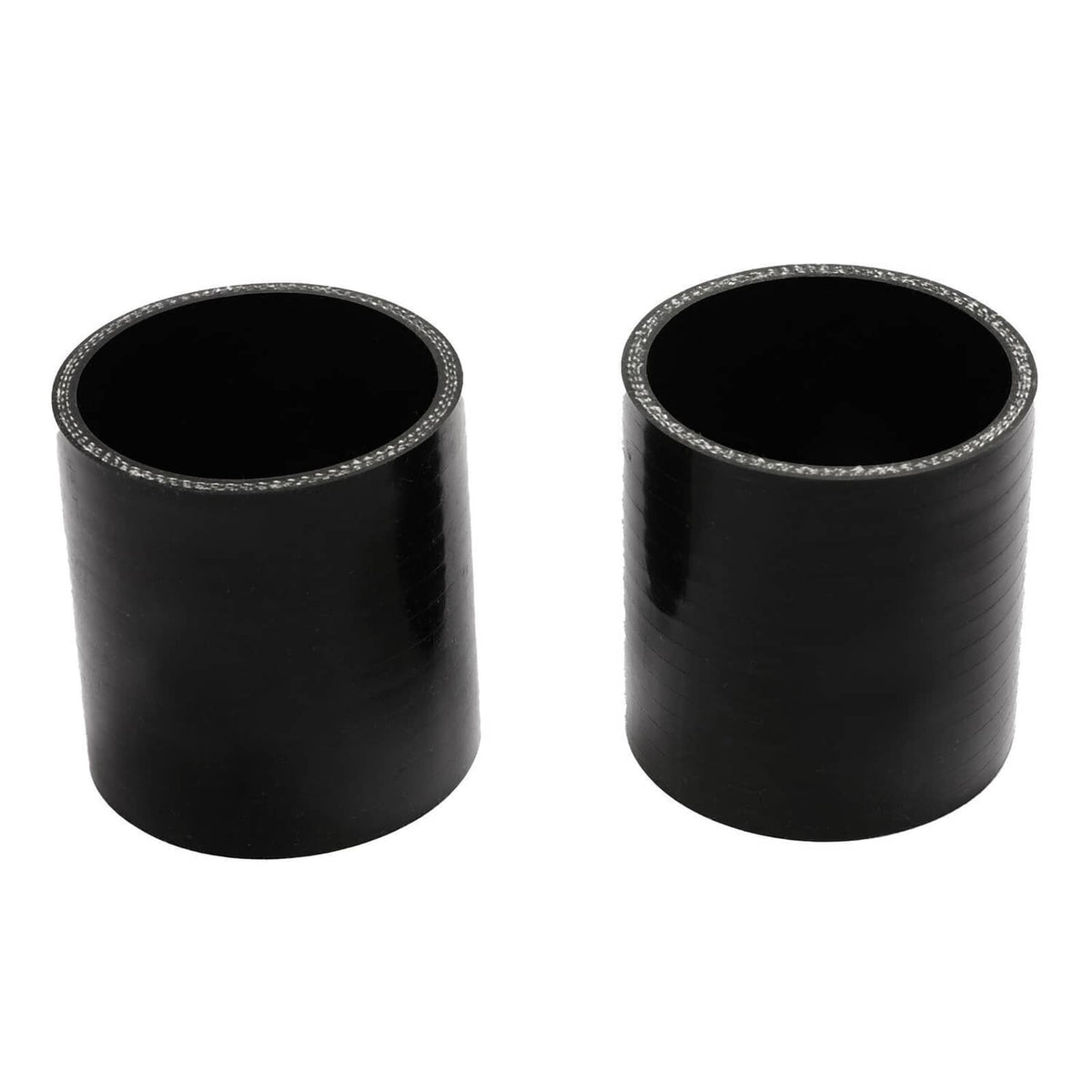 Two black silicone intercooler hose couplers with textured outer edge