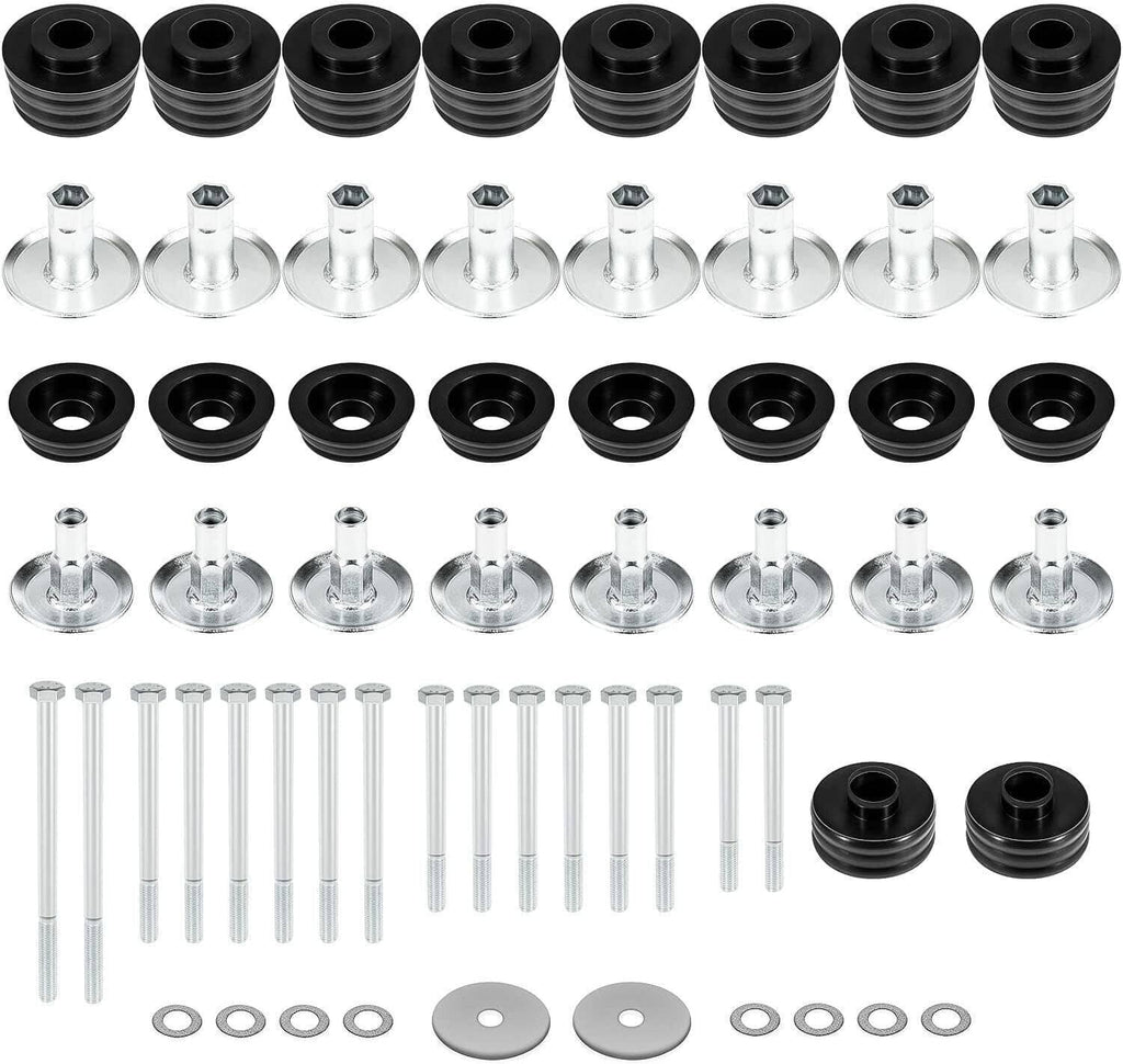 Body cab mount bushing kit with black rubber bushings and silver steel studs