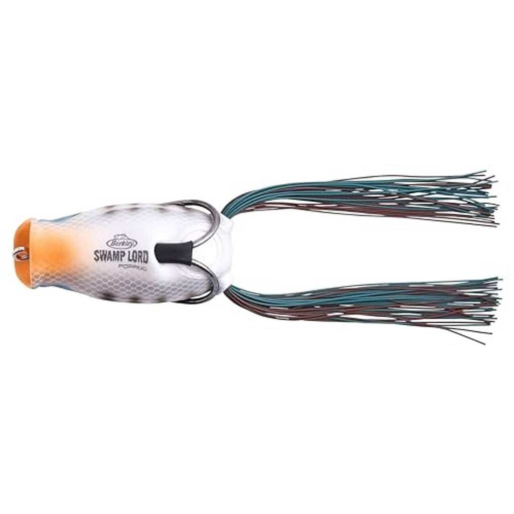 White frog fishing lure with orange face, teal-brown skirt, two side hook eyes