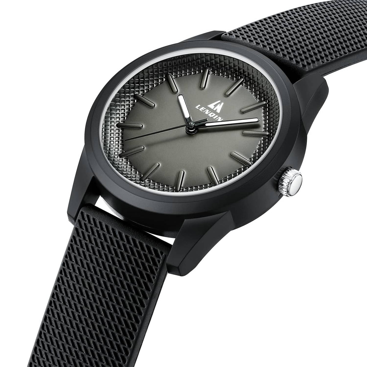 Black men's wristwatch with textured strap, silver bezel ring, round dial with baton markers.