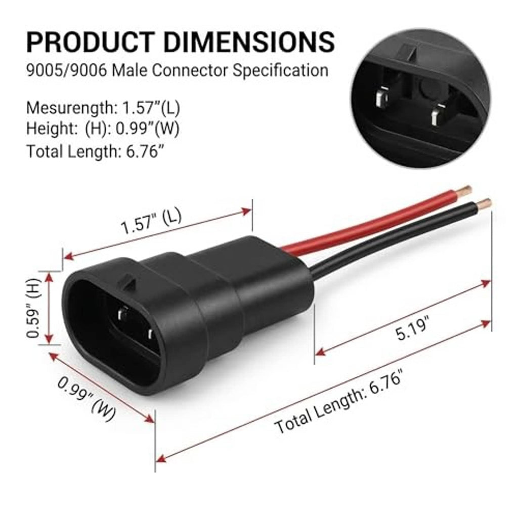 Black male connector cable with red and black wires, shown with product dimensions diagram.