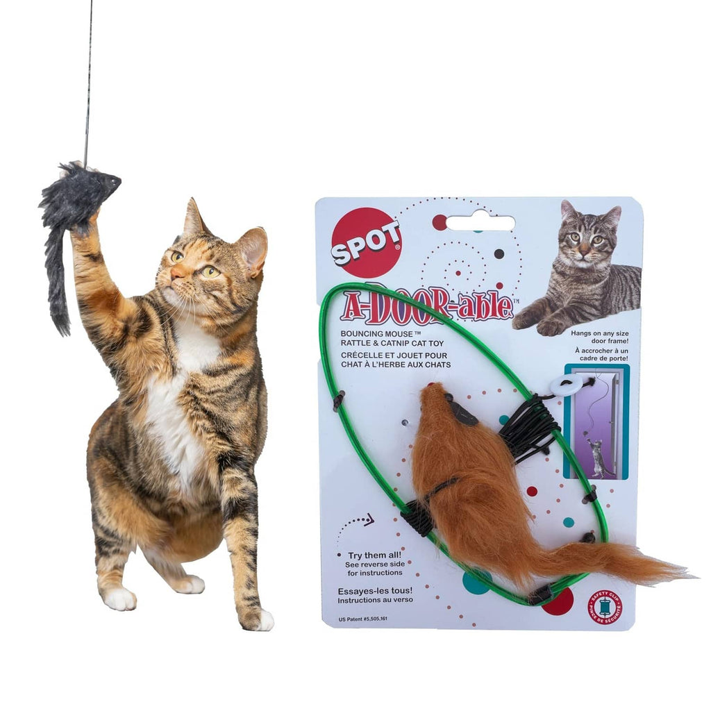 Cat toy blister pack with orange plush mouse on a green hanging wand