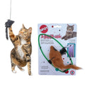 Cat toy blister pack with orange plush mouse on a green hanging wand
