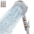 Chrome handheld filtered shower head with water spray and visible filter cartridge