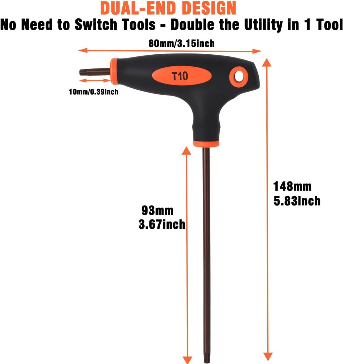 T10 dual-end T-handle Torx screwdriver with orange/black grip, shown with length measurements