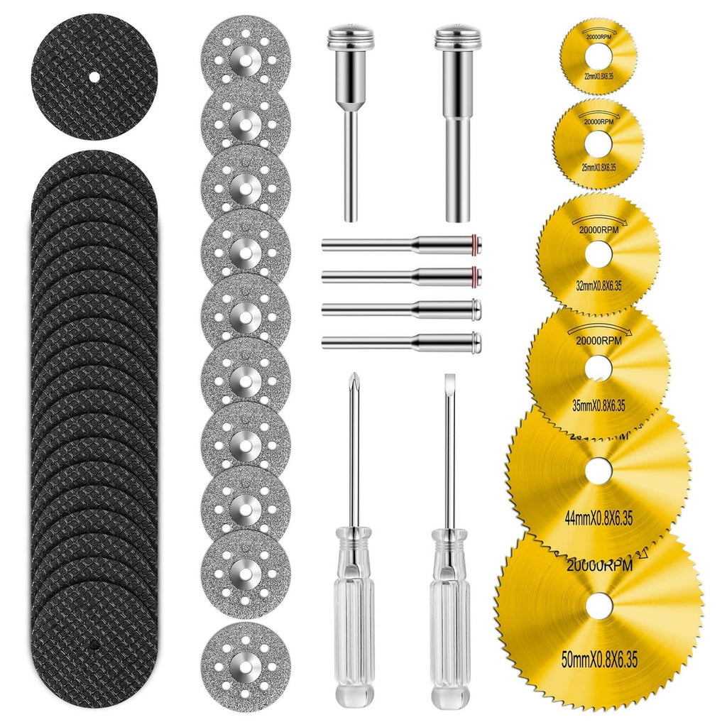 Gold rotary cutting wheel set with multiple circular discs and mandrel shafts