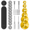 Gold rotary cutting wheel set with multiple circular discs and mandrel shafts