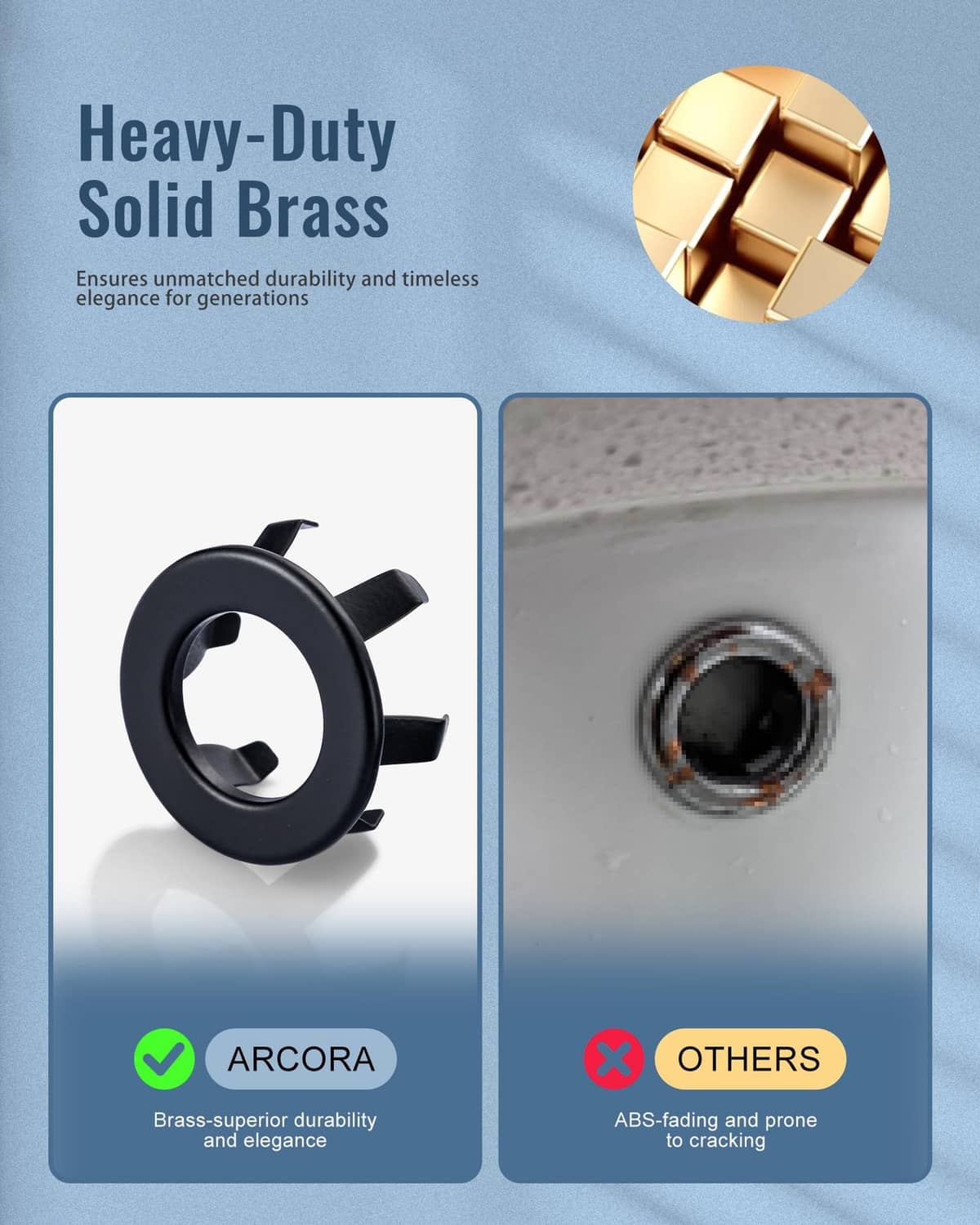 Matte black sink overflow ring with three snap-on mounting tabs