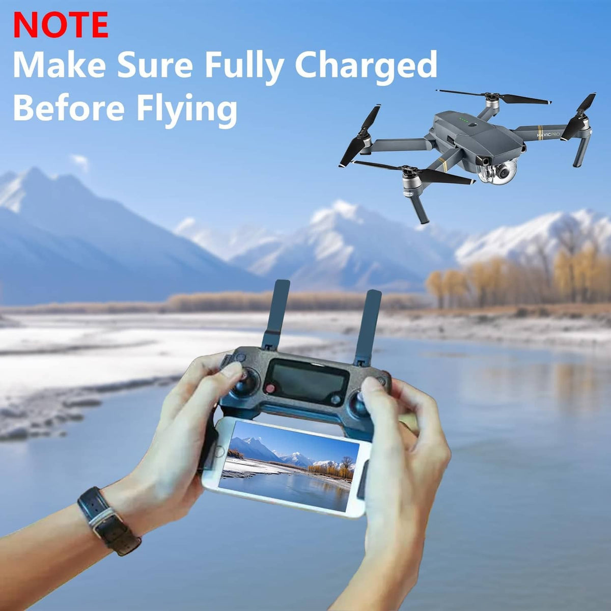 Drone controller with smartphone screen, hands holding controls ready to fly