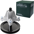 Metal spindle assembly with black pulley, mounting bolts, and top shaft