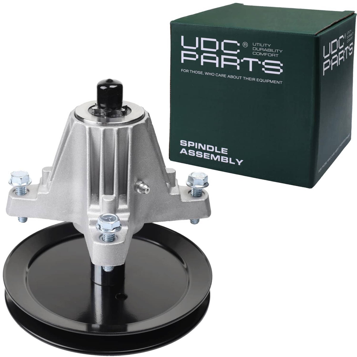 Metal spindle assembly with black pulley, mounting bolts, and top shaft