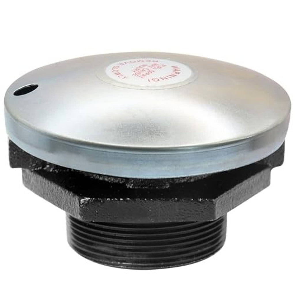Silver diesel fuel cap with vented top and black sealing base, threaded opening