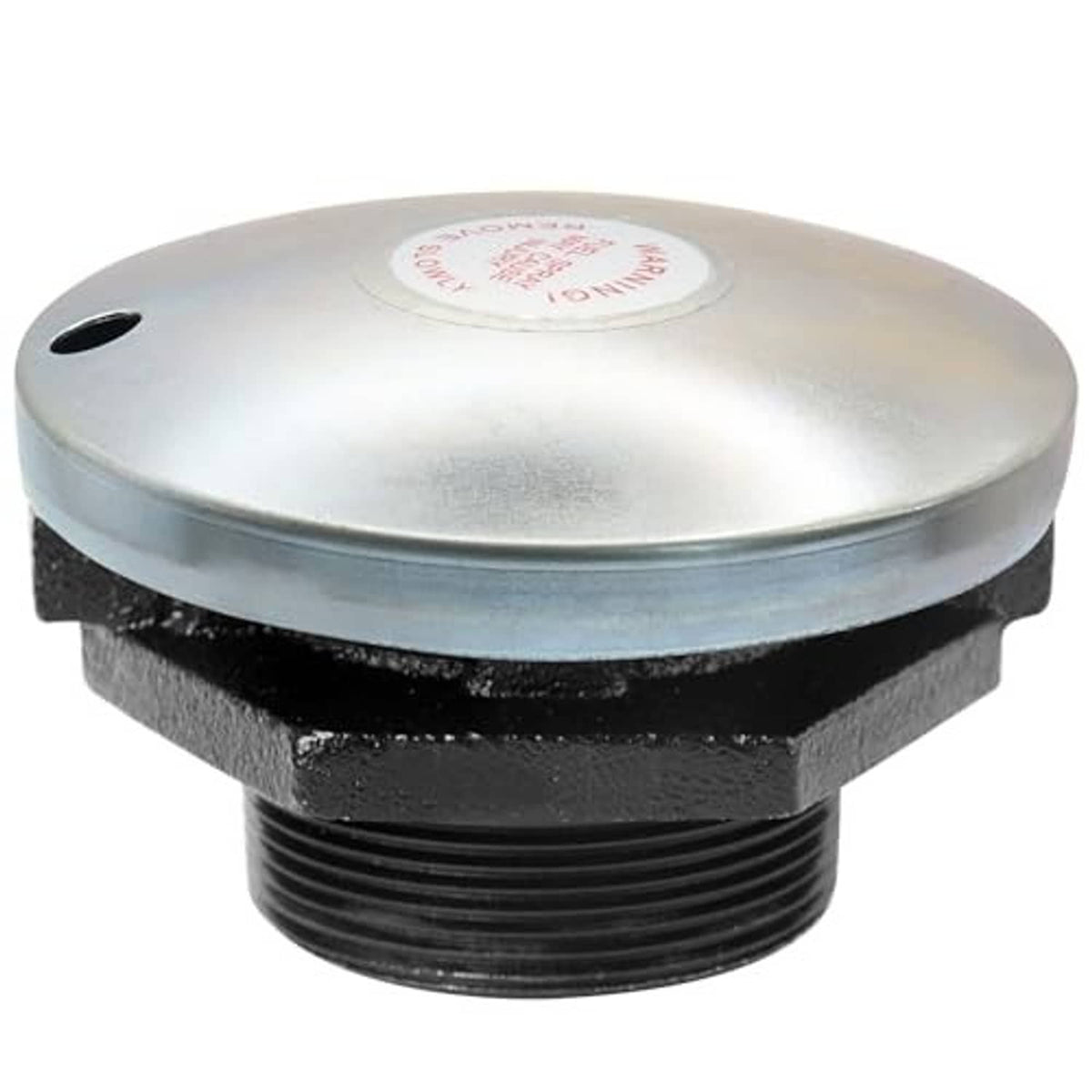 Silver diesel fuel cap with vented top and black sealing base, threaded opening