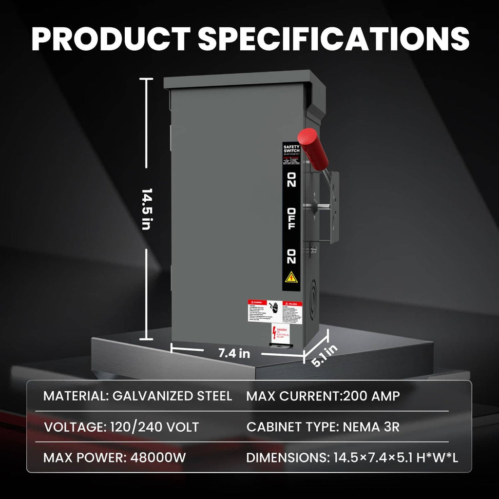 Power transfer switch cabinet on base, showing red handle and side labels for electrical specs