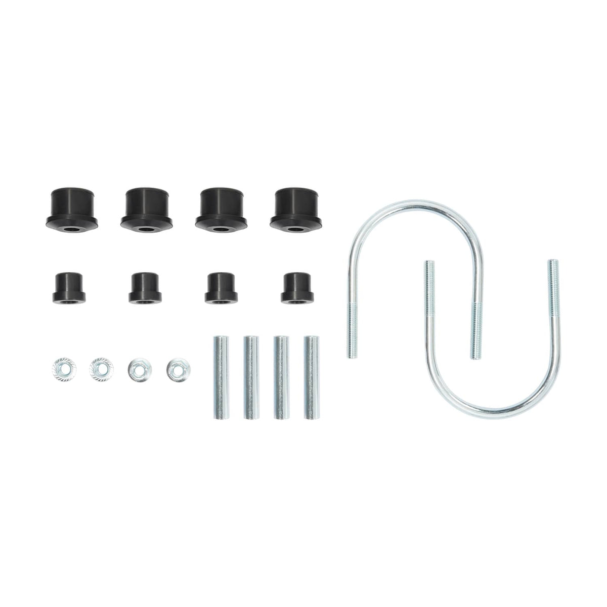 Assorted black bushings and silver bolts with a chrome U-bolt