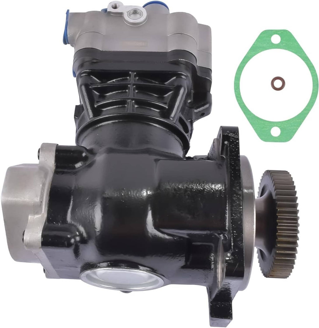 Truck air brake compressor front view with gear end and gasket; black housing and silver bracket.