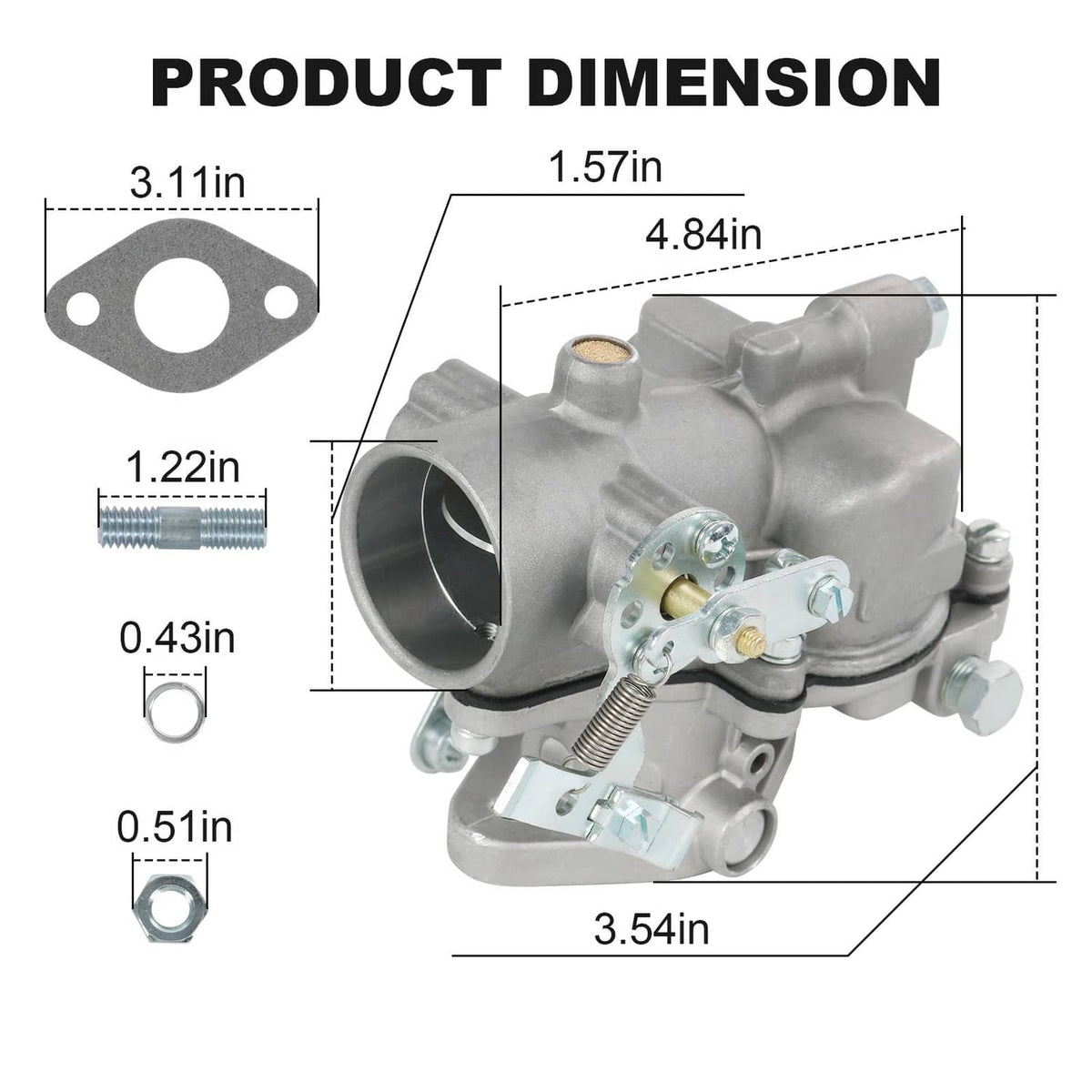 Carburetor with round intake opening and metal mounting brackets, detailed profile