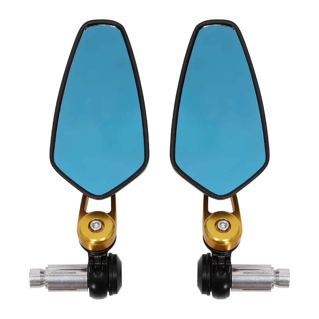 Motorcycle bar-end side mirrors with teardrop blue glass, gold mounts, black grips