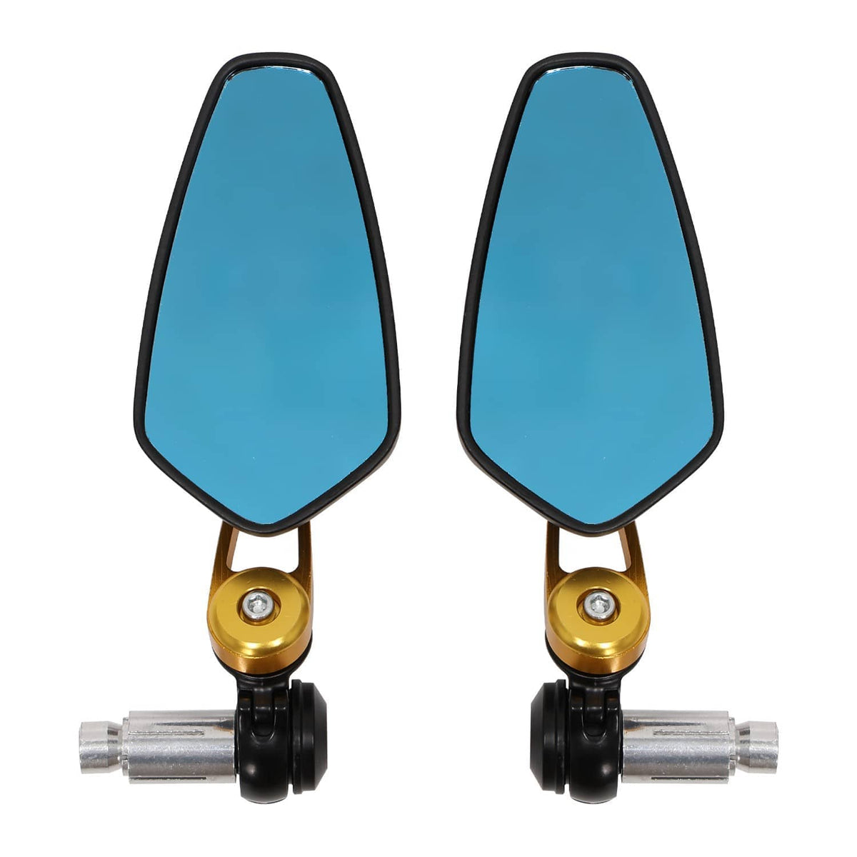 Motorcycle bar-end side mirrors with teardrop blue glass, gold mounts, black grips