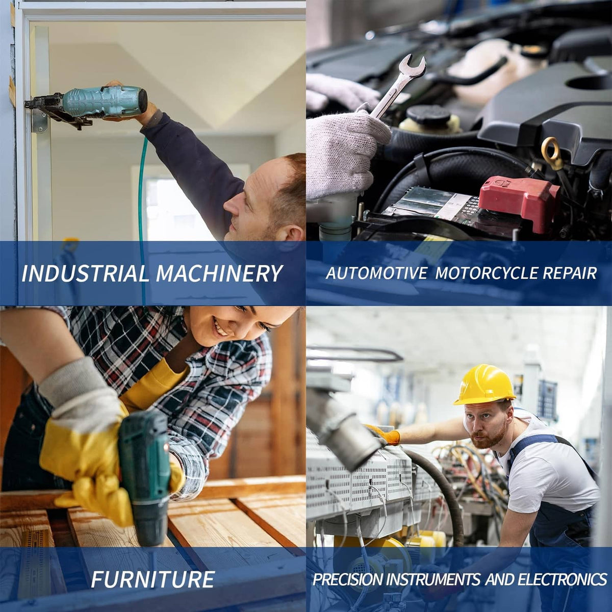 Mechanical repair scene with pneumatic rivet gun and hand tools