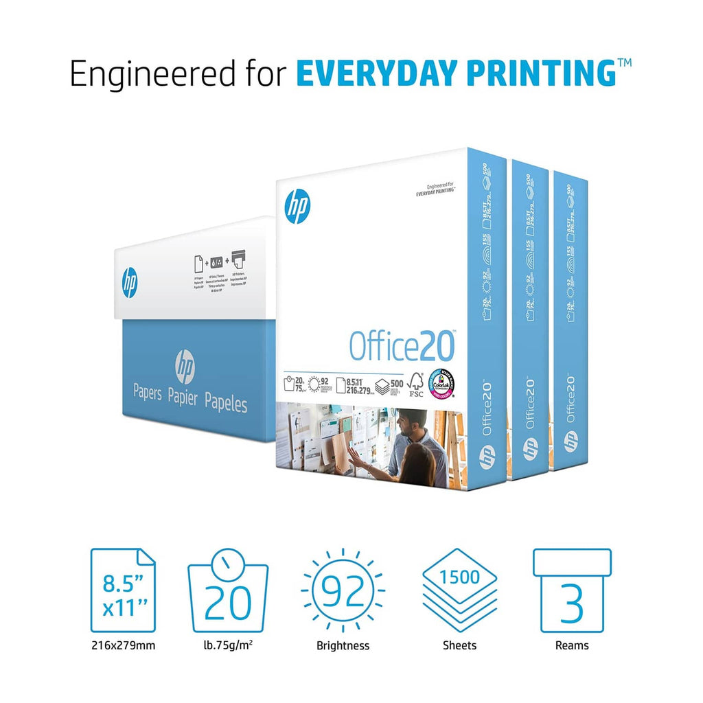 HP Office20 paper box: 8.5x11, 20 lb, 92 brightness, 1500 sheets, 3 reams