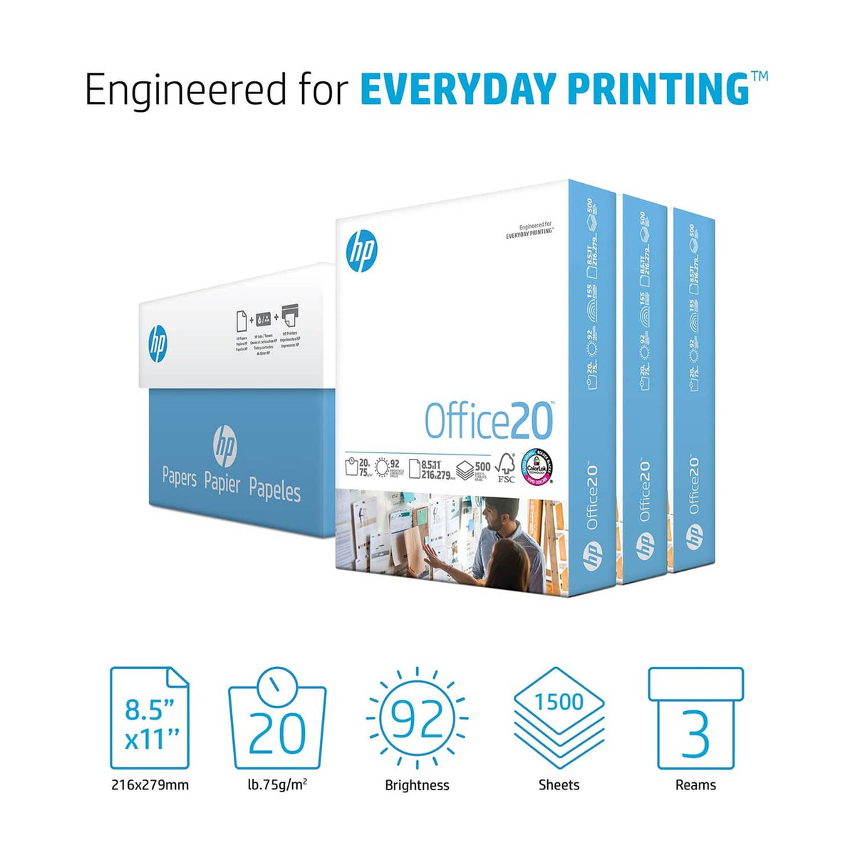 HP Office20 paper box: 8.5x11, 20 lb, 92 brightness, 1500 sheets, 3 reams
