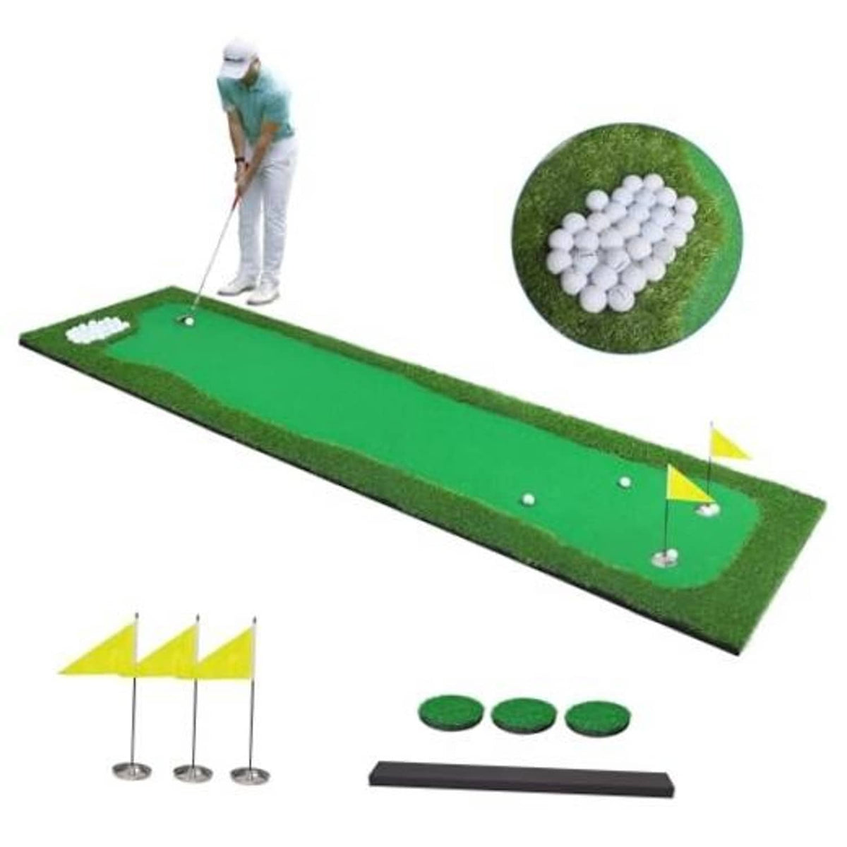 Green golf putting mat with tees, flags, and white practice balls on the surface