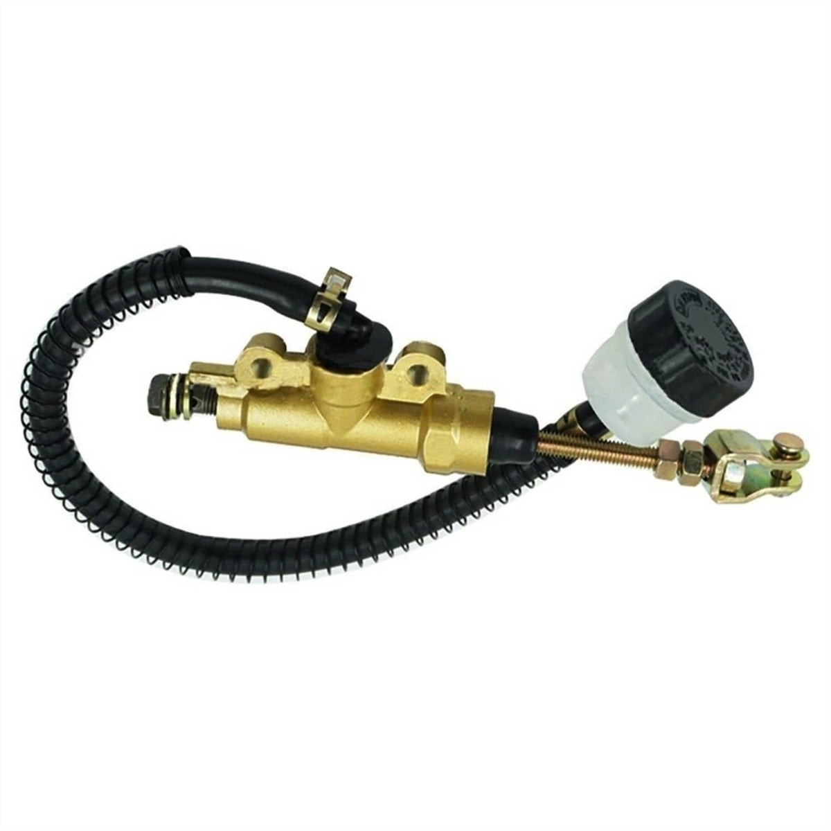 Rear brake master cylinder pump with black reservoir cap and coiled hose, gold body