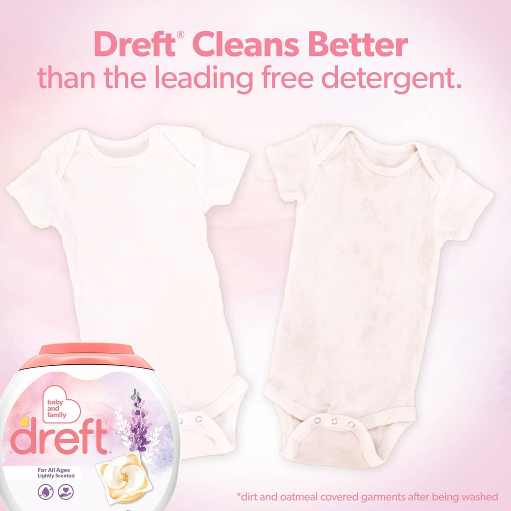 Two white baby bodysuits beside Dreft lightly scented detergent pacs pack