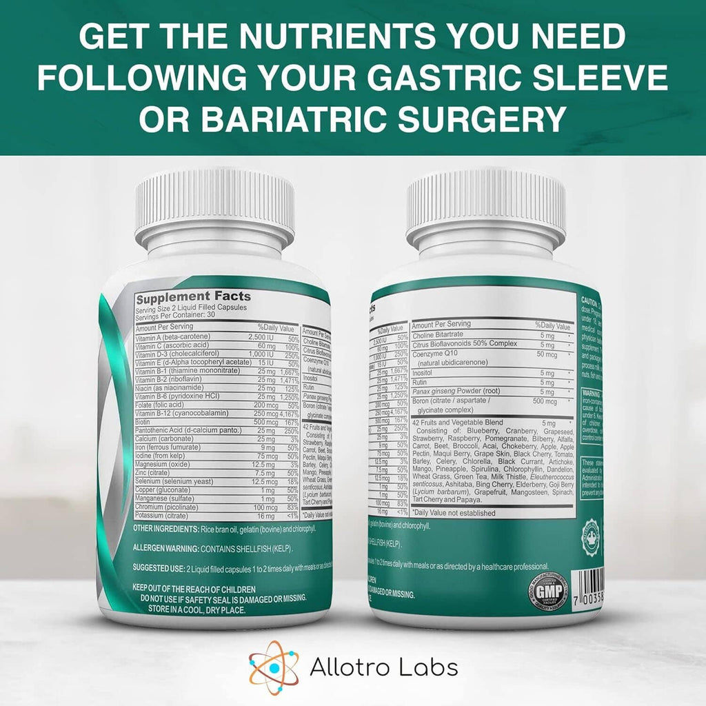 Two Bari Liquid Force multivitamin bottles with Supplement Facts labels and white caps