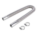 Stainless steel exhaust hose with spring coil and two end tubes; includes two clamps