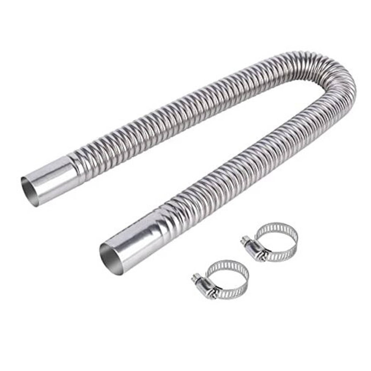 Stainless steel exhaust hose with spring coil and two end tubes; includes two clamps