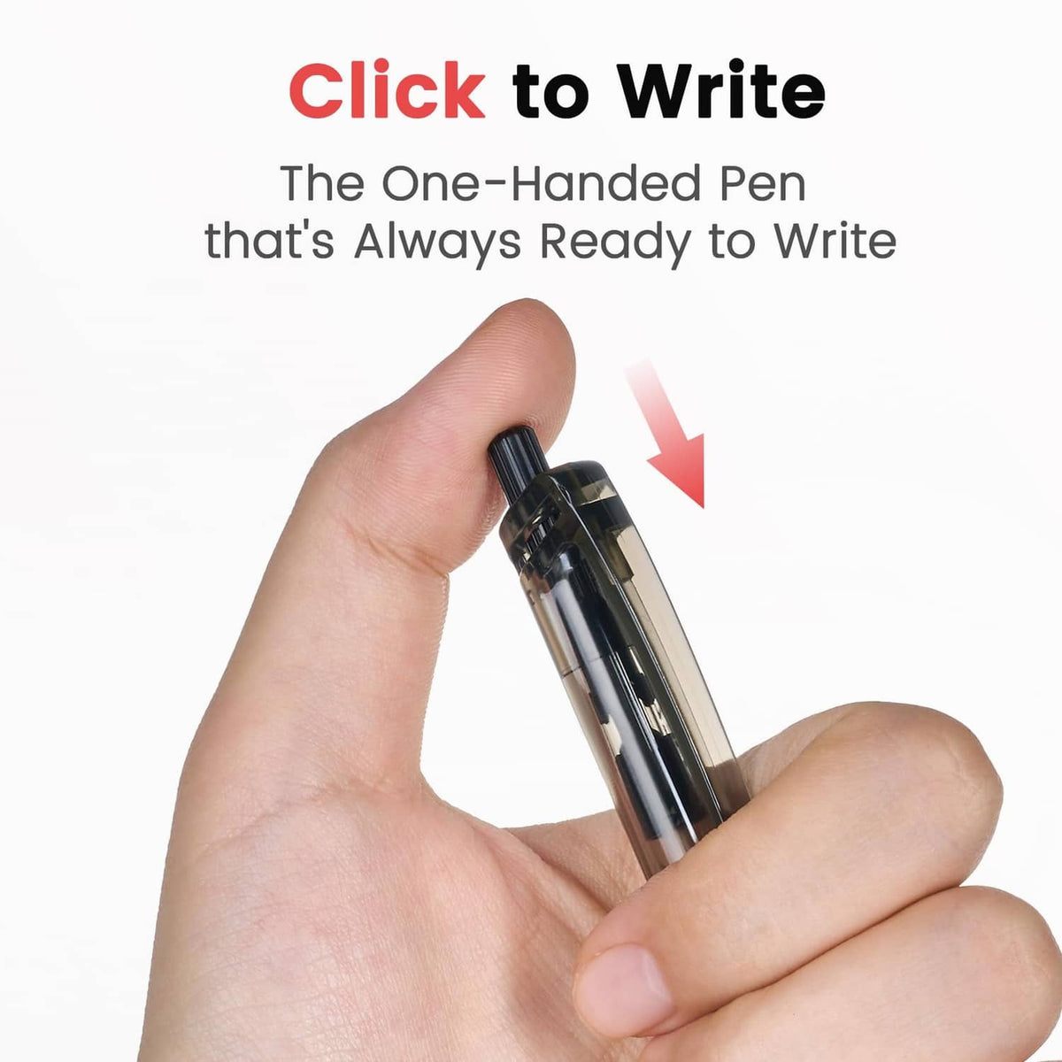 Black retractable ballpoint pen with click-to-write mechanism