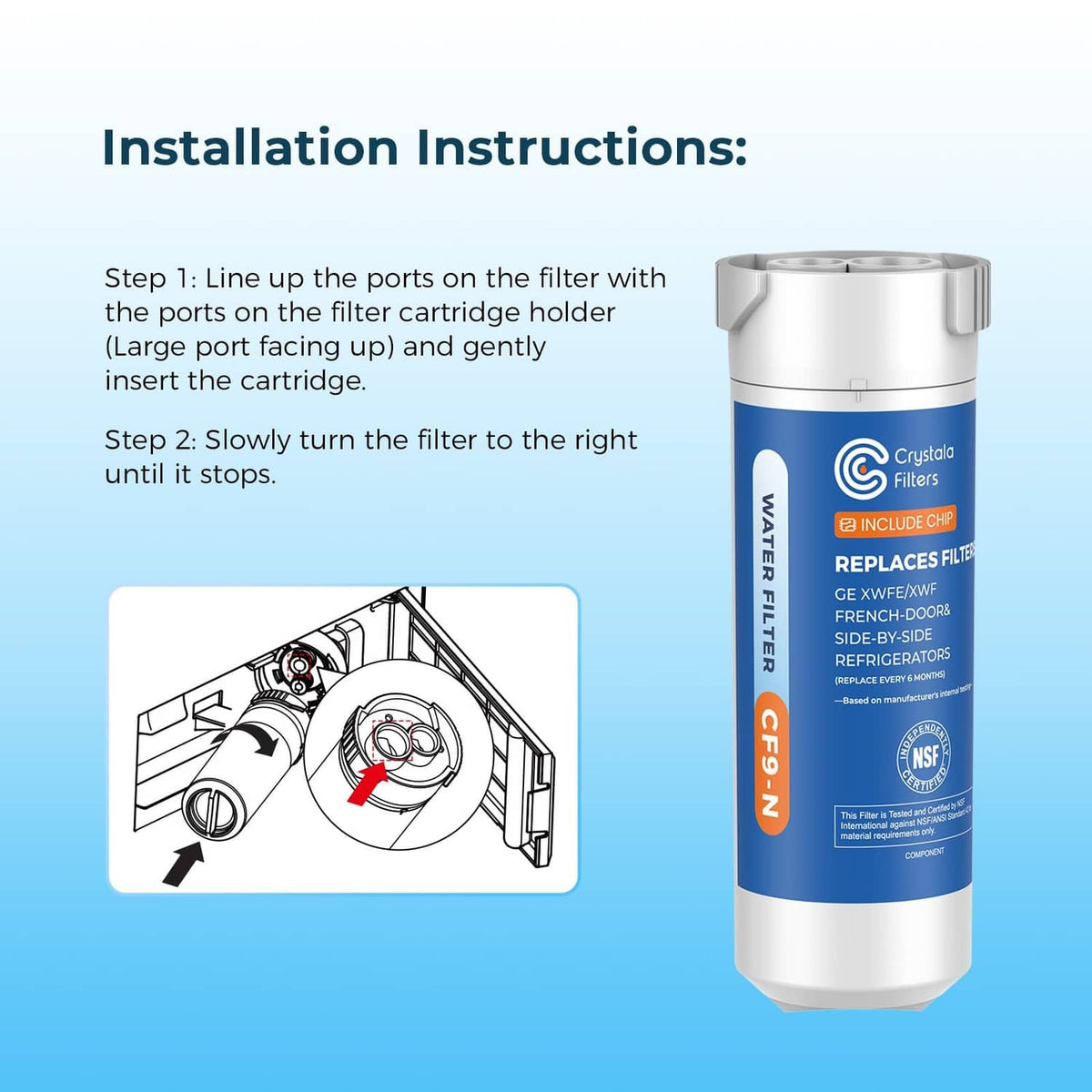 Refrigerator water filter cartridge with installation instructions