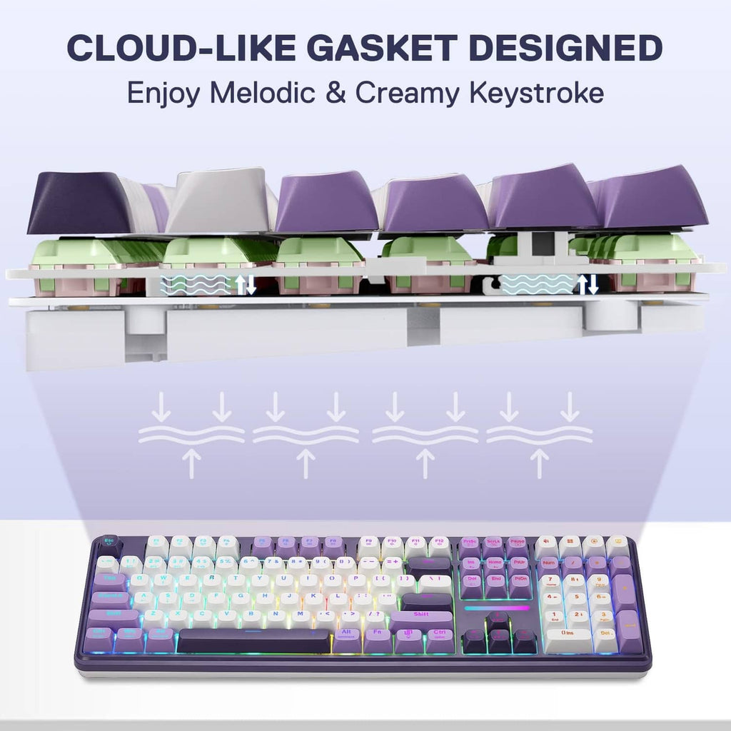 Purple 108-key gasket keyboard with RGB keycaps and a raised, cushioned key structure